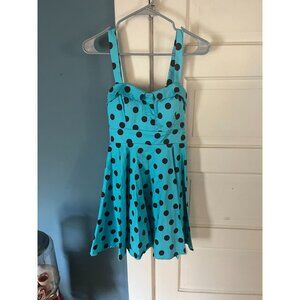 Vintage Y2K Bright Blue Mini Dress with Brown Polka Dots, Tank Straps, Sweethear